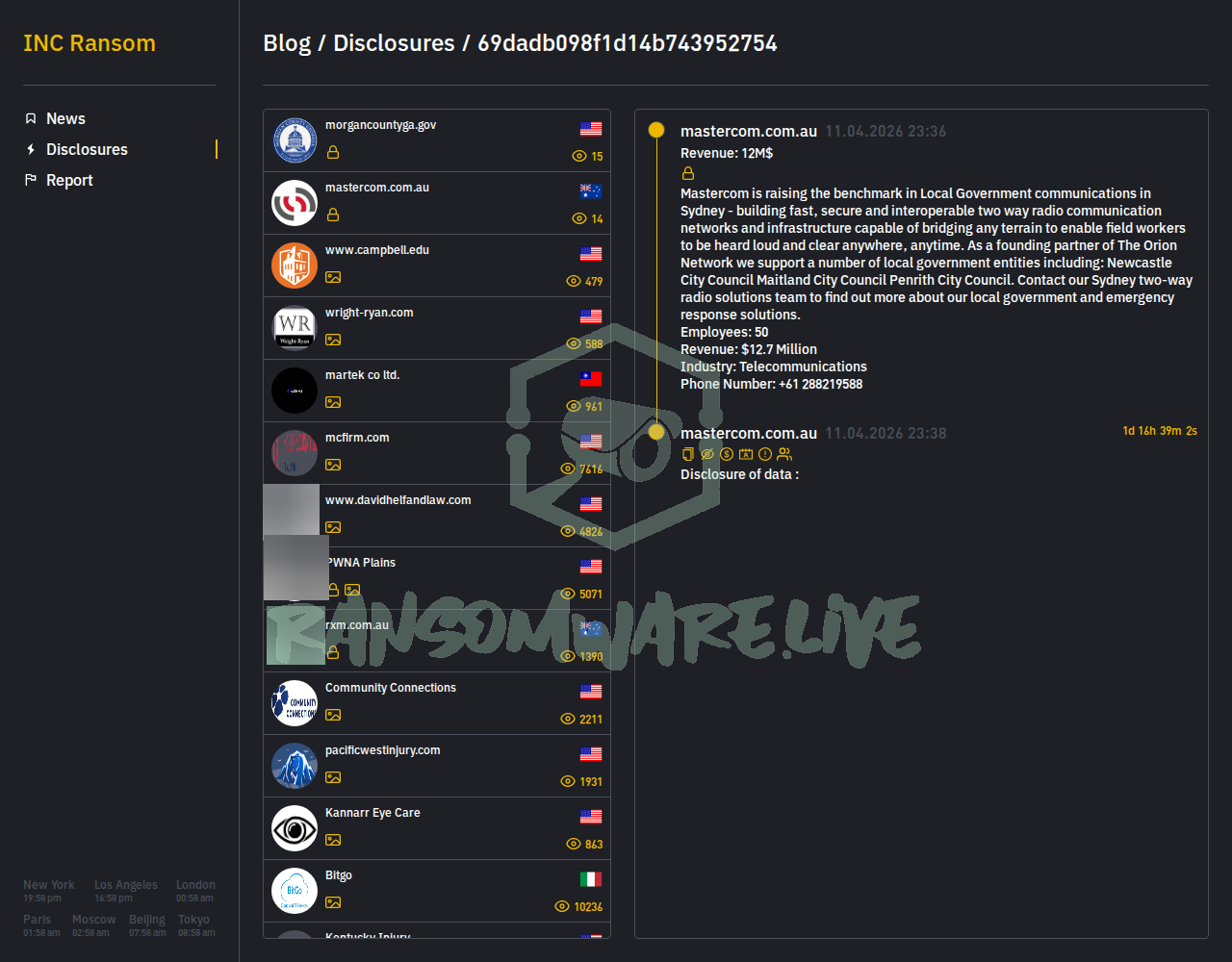 Leak site post claiming mastercom.com.au data breach