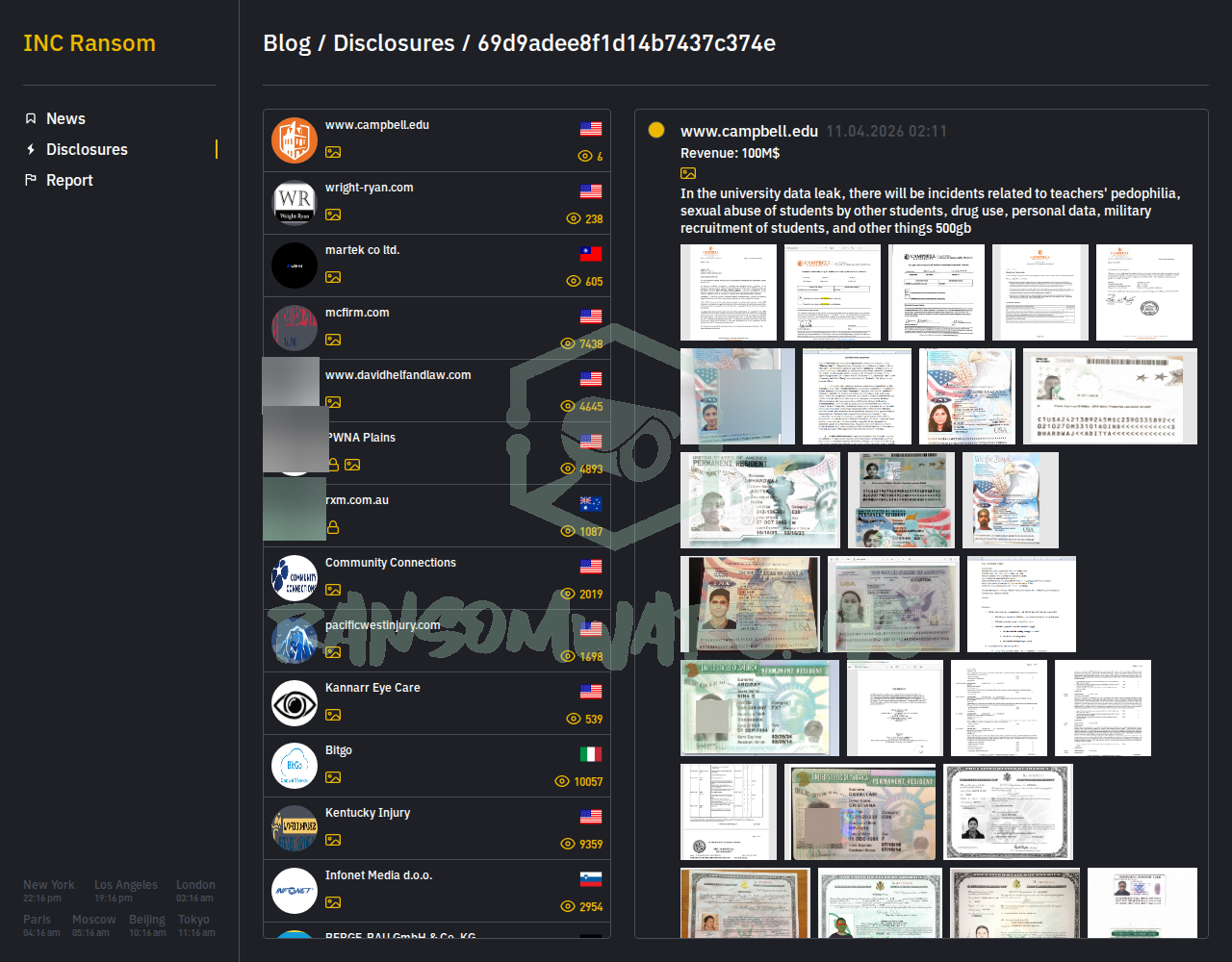 Leak site post claiming www.campbell.edu data breach