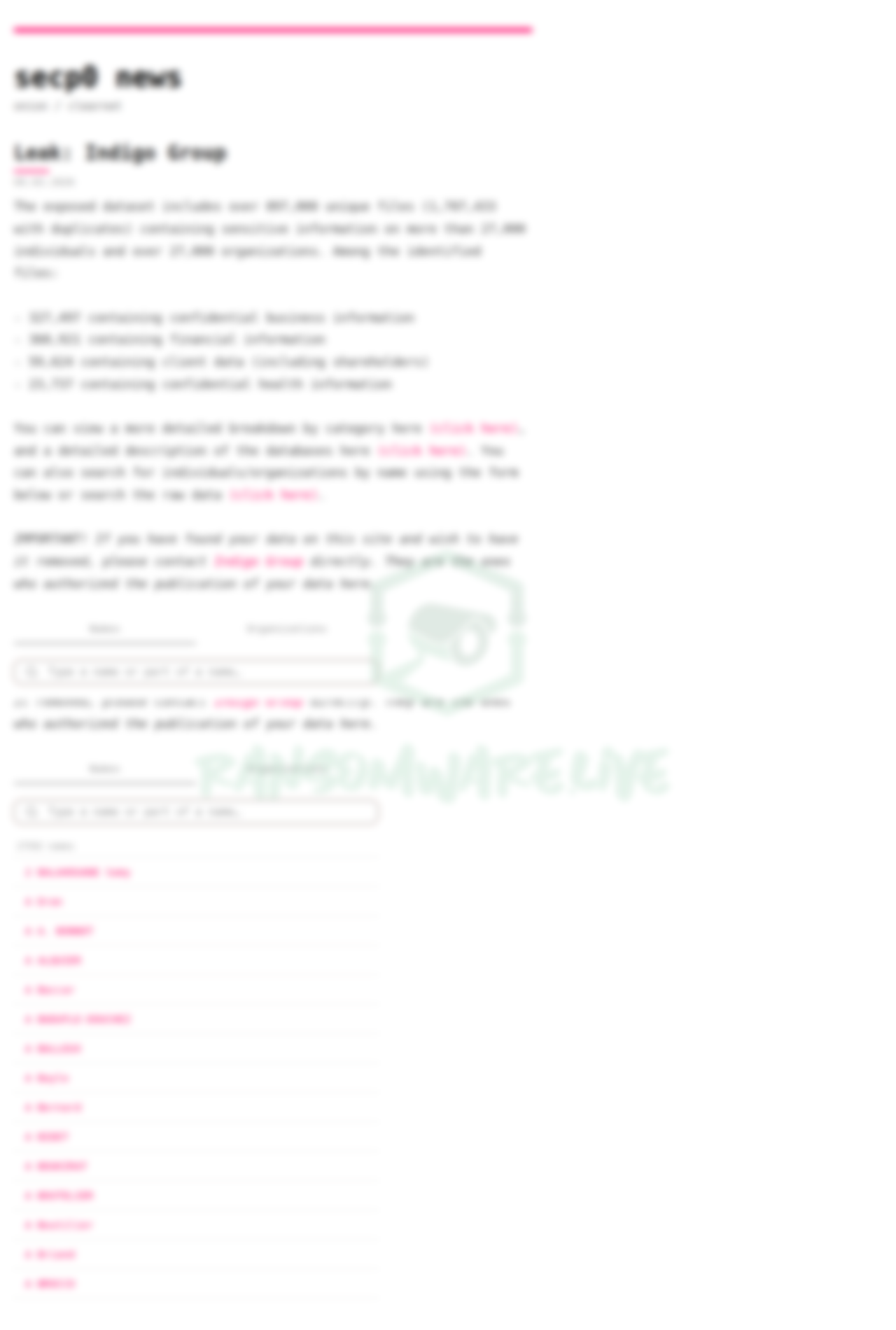 Leak site post claiming Indigo Group data breach