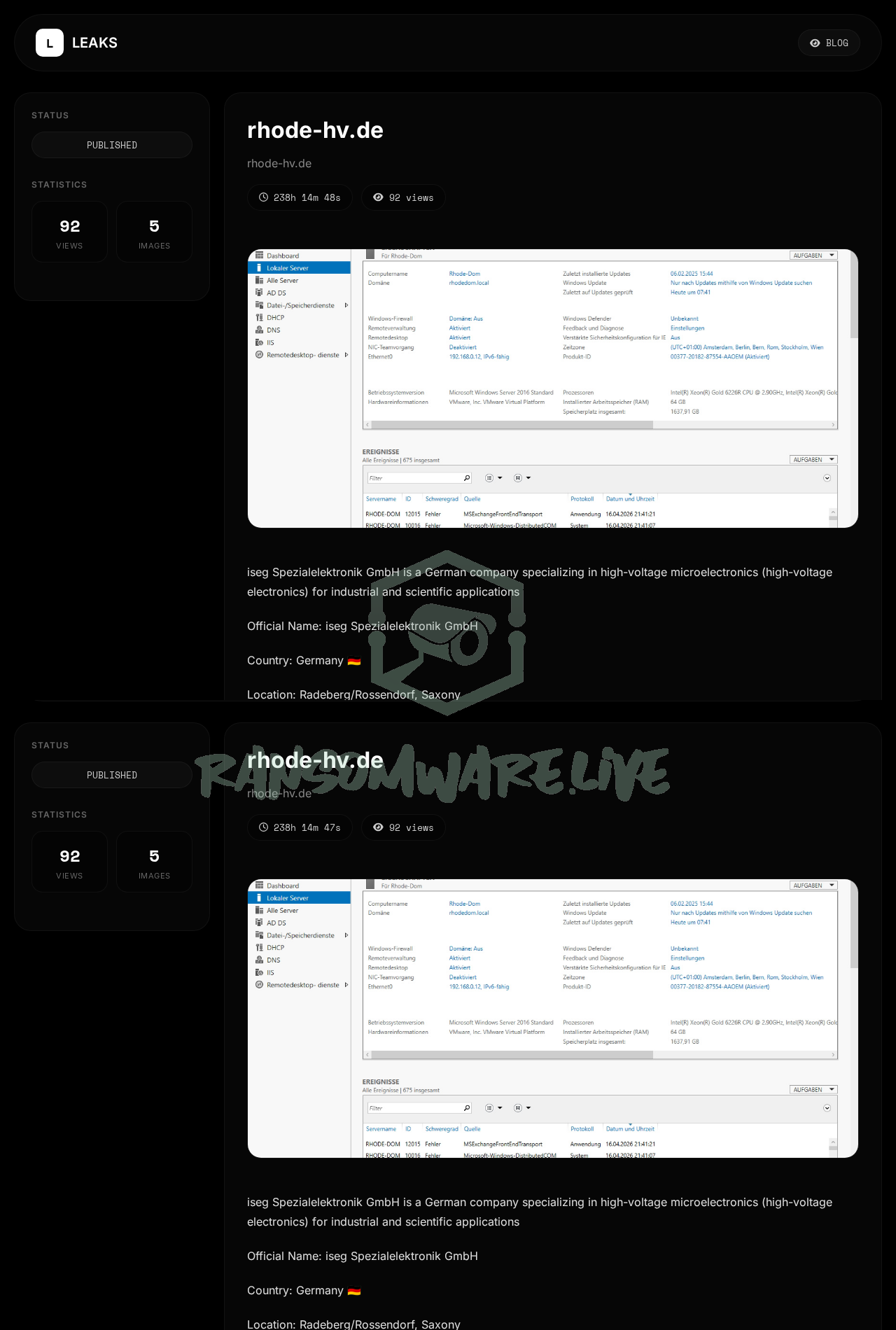 Leak site post claiming rhode-hv.de data breach