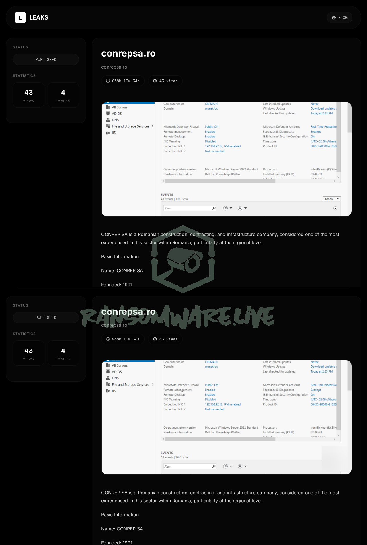 Leak site post claiming conrepsa.ro data breach