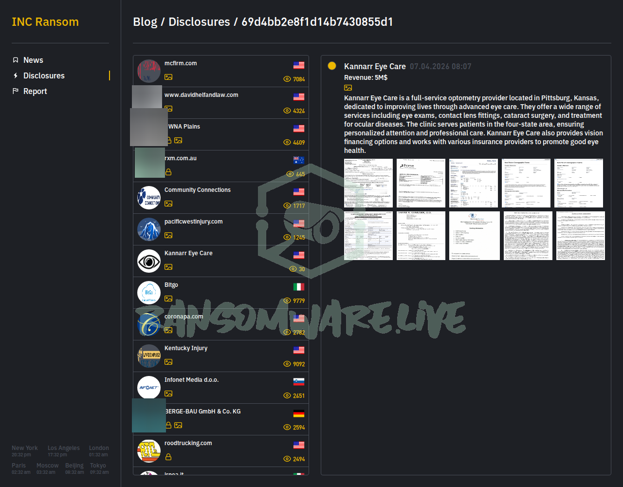 Leak site post claiming Kannarr Eye Care data breach