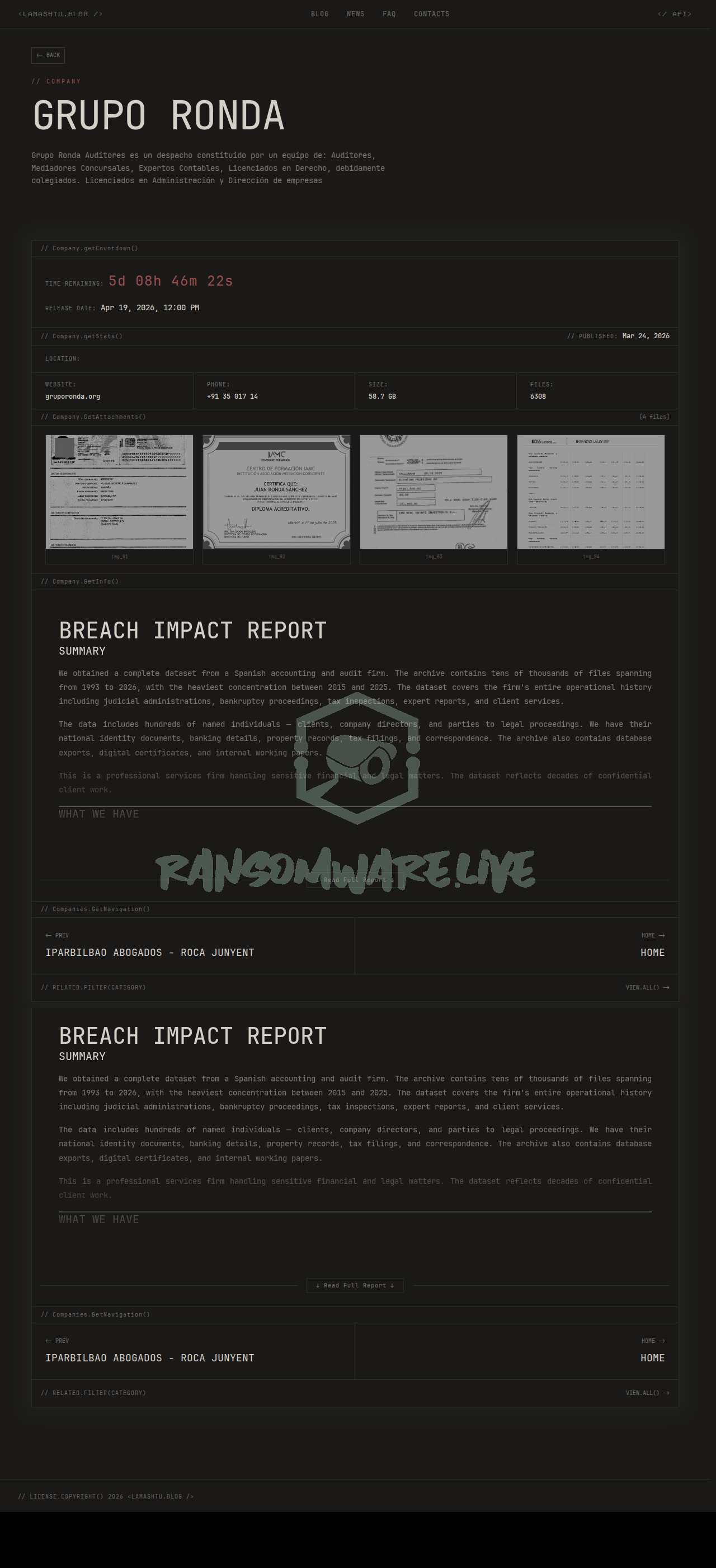 Leak site post claiming GRUPO RONDA data breach