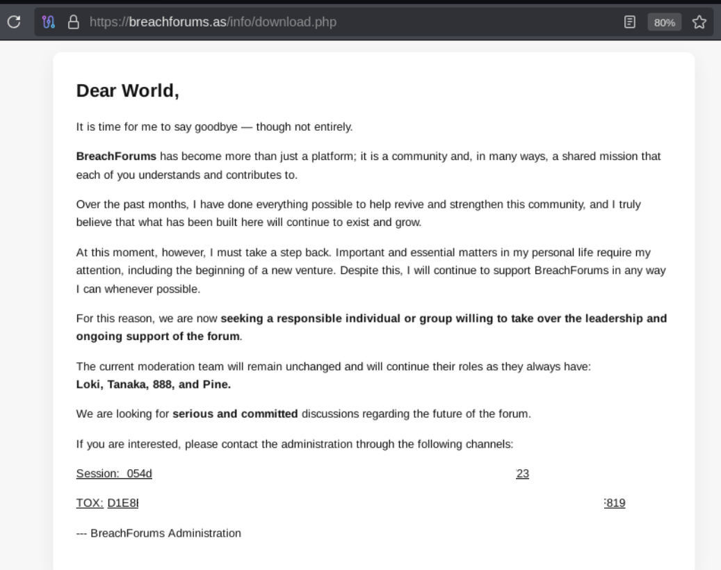 Leak site post claiming BreachForums data breach