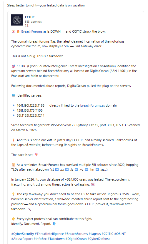 CCITIC LinkedIn post announcing BreachForums takedown