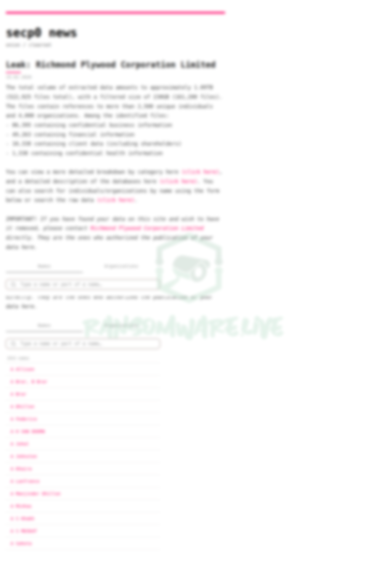 Leak site post claiming Richmond Plywood Corporation Limited data breach