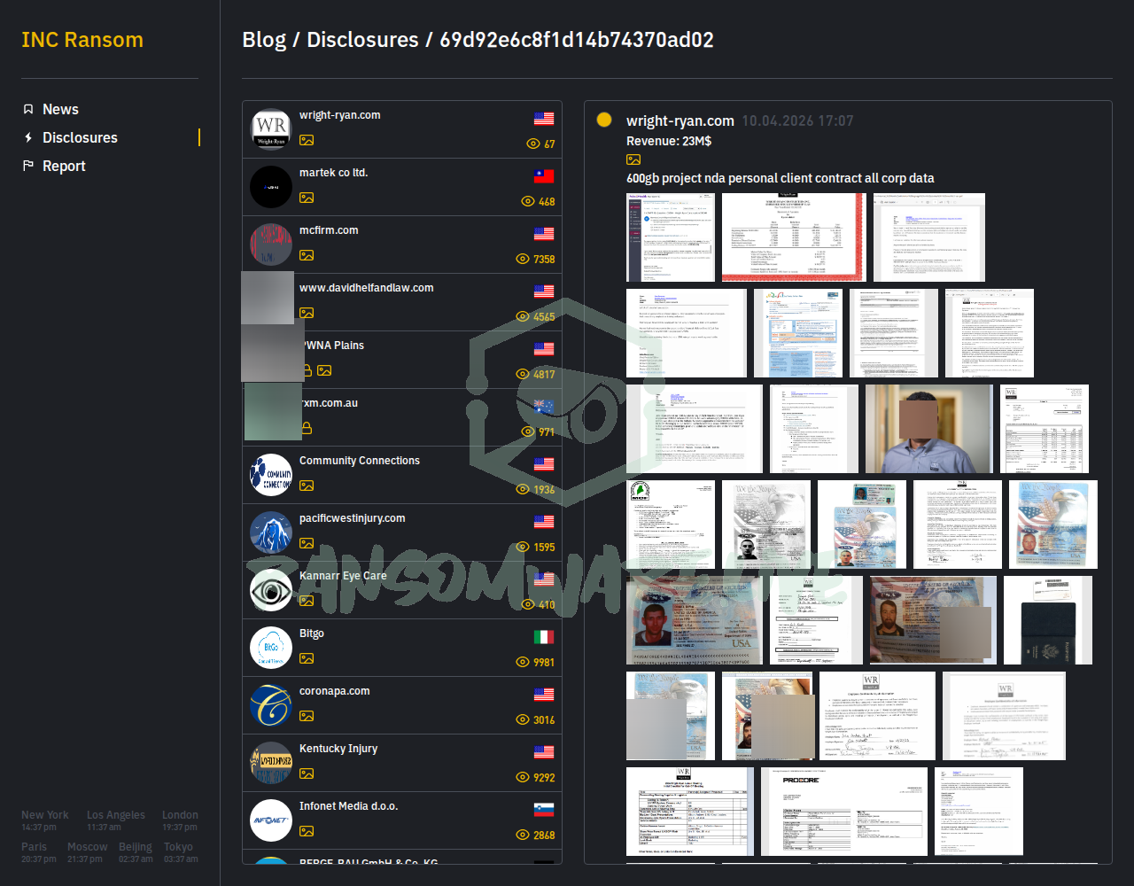 Leak site post claiming wright-ryan.com data breach