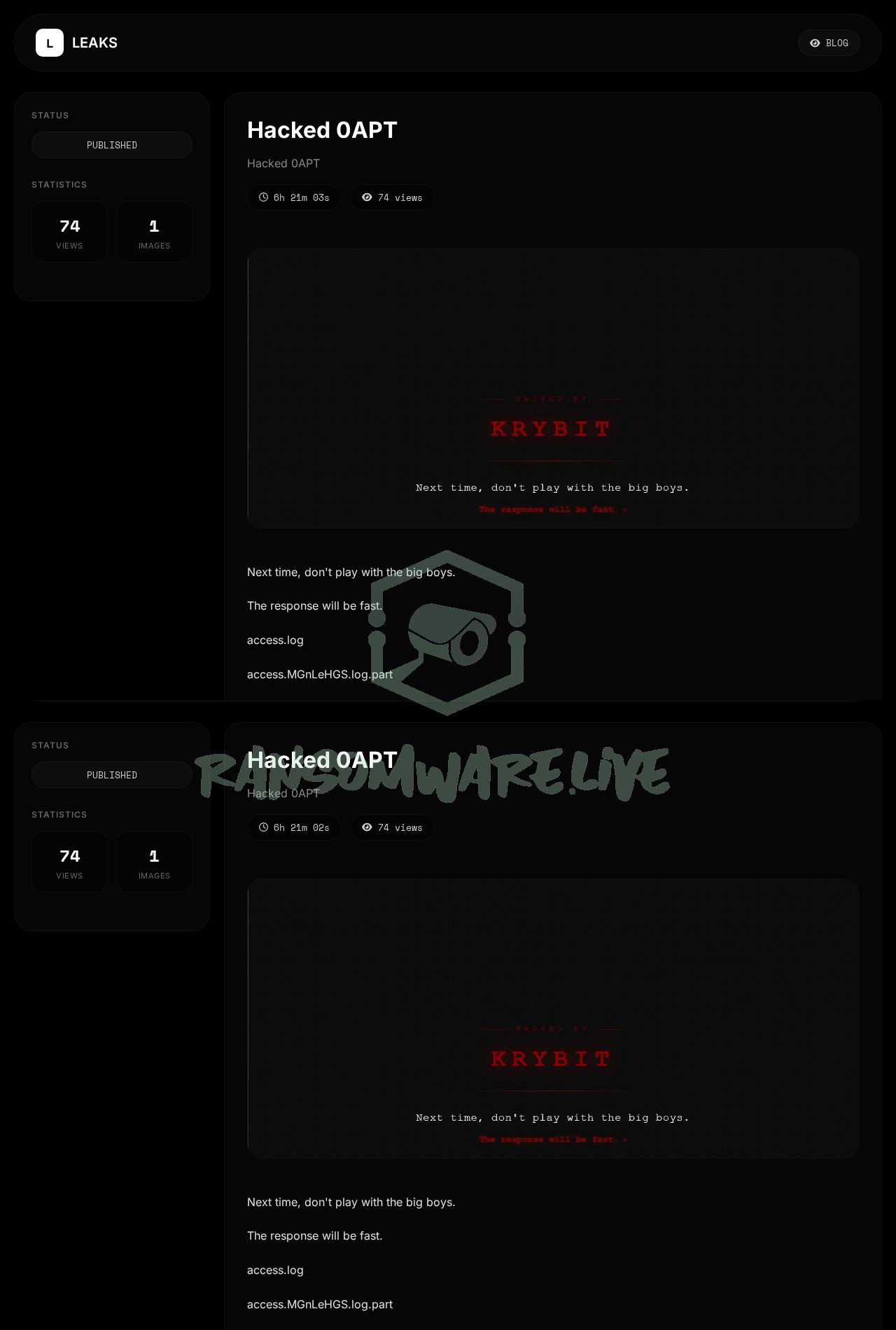 Leak site post claiming Hacked 0APT data breach