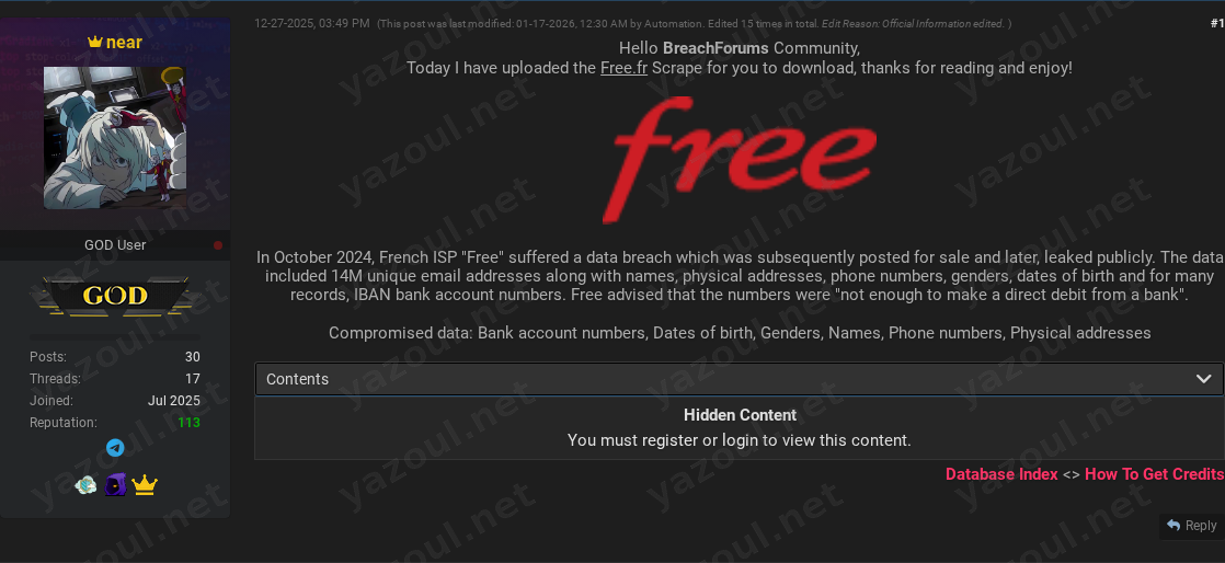 Leak site post claiming Free.fr data breach