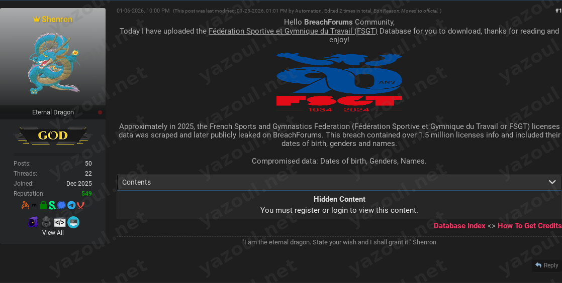 Leak site post claiming Fédération Sportive et Gymnique du Travail (FSGT) data breach