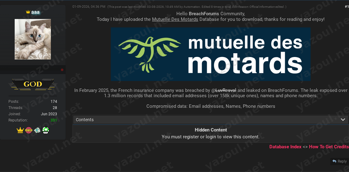 Leak site post claiming Mutuelle Des Motards data breach