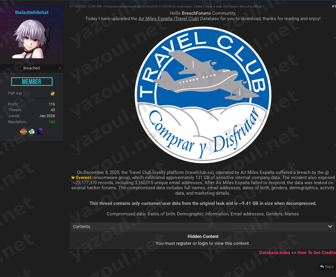 Leak site post claiming Air Miles España (Travel Club) data breach