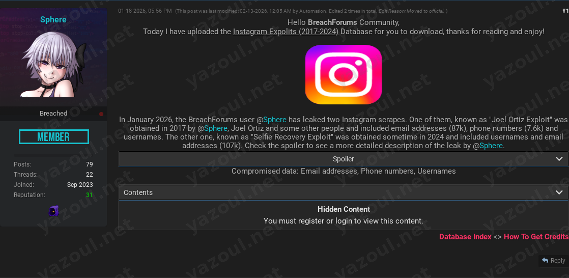 Leak site post claiming Instagram Expolits (2017-2024) data breach