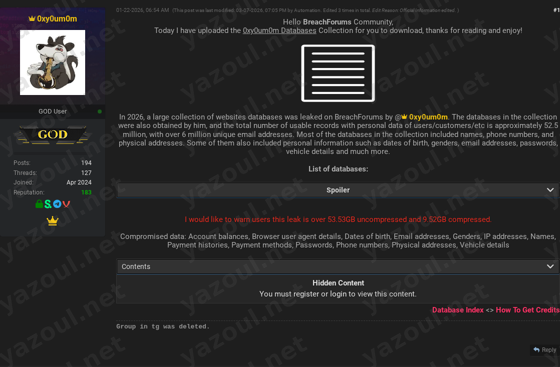 Leak site post claiming 0xy0um0m Databases data breach
