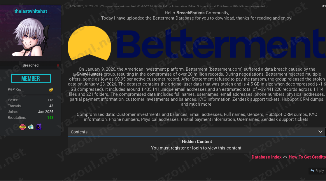 Leak site post claiming Betterment data breach