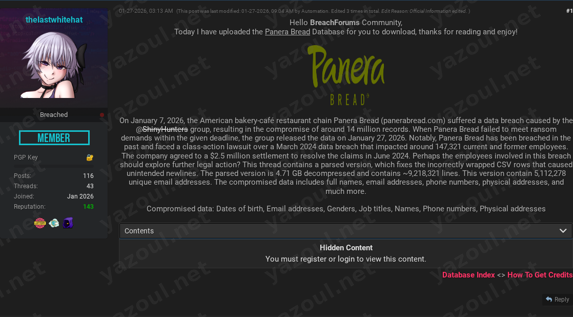 Leak site post claiming Panera Bread data breach