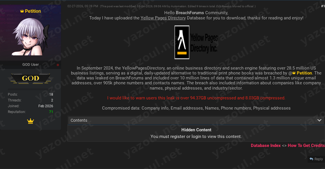 Leak site post claiming Yellow Pages Directory data breach