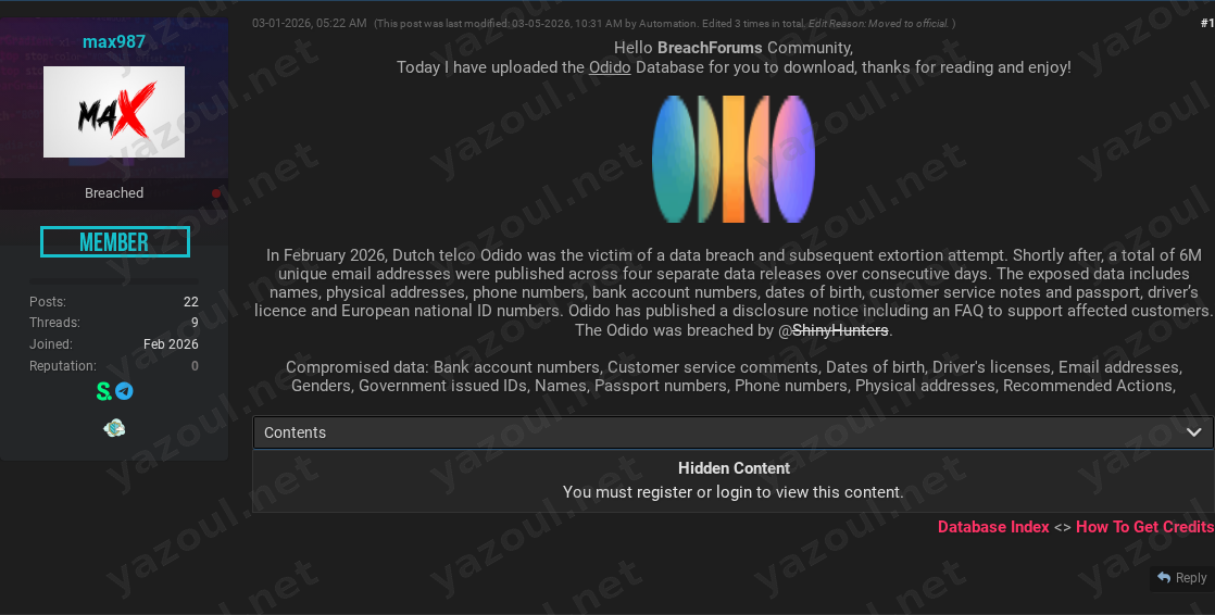 Leak site post claiming Odido data breach