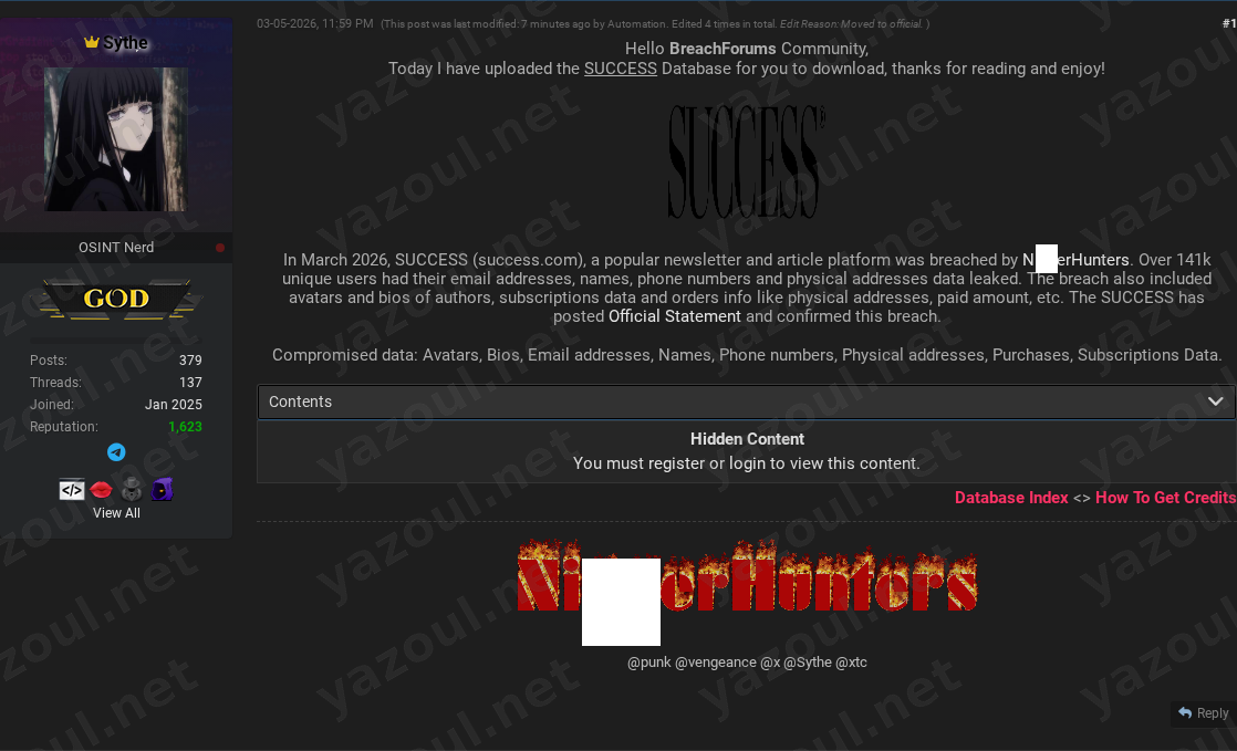 Leak site post claiming SUCCESS data breach