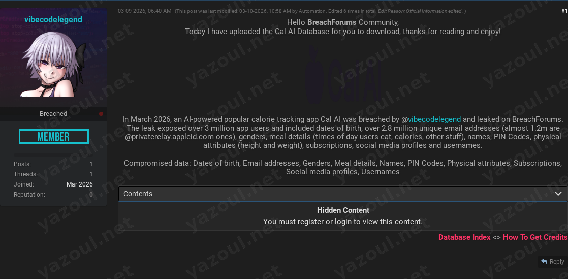 Leak site post claiming Cal AI data breach
