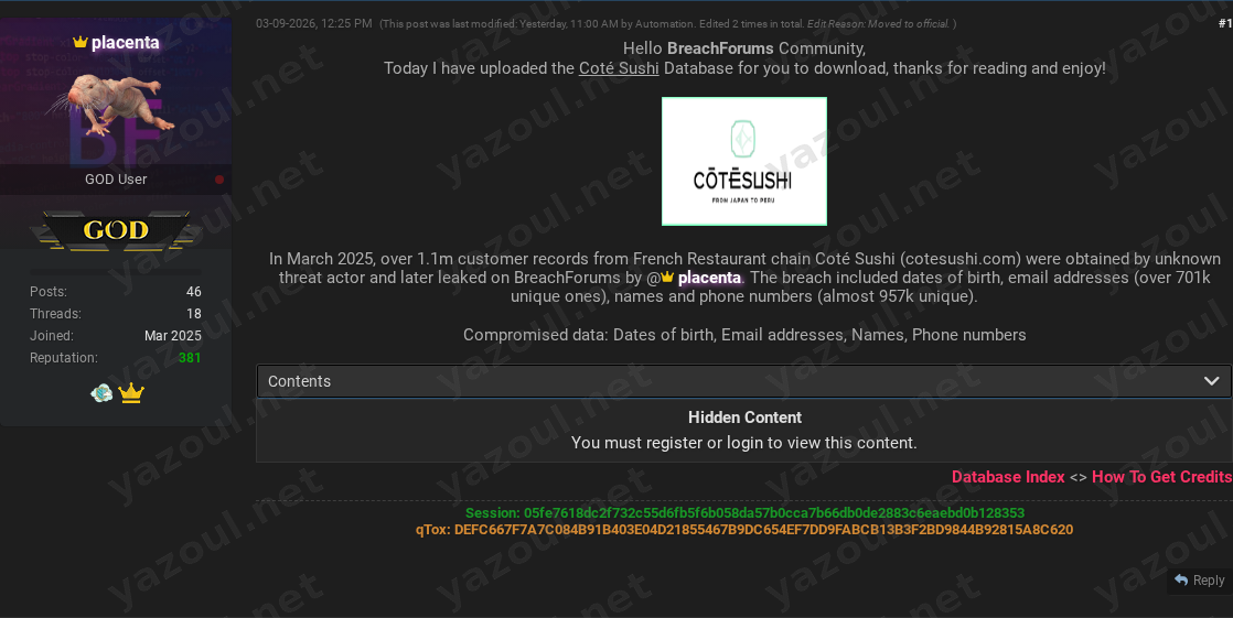 Leak site post claiming Coté Sushi data breach