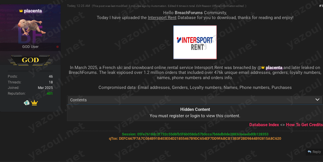 Leak site post claiming Intersport Rent data breach