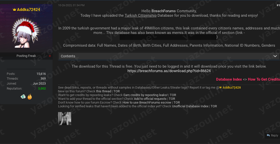 Leak site post claiming Turkish Citizenship data breach