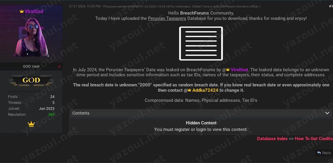 Leak site post claiming Peruvian Taxpayers data breach