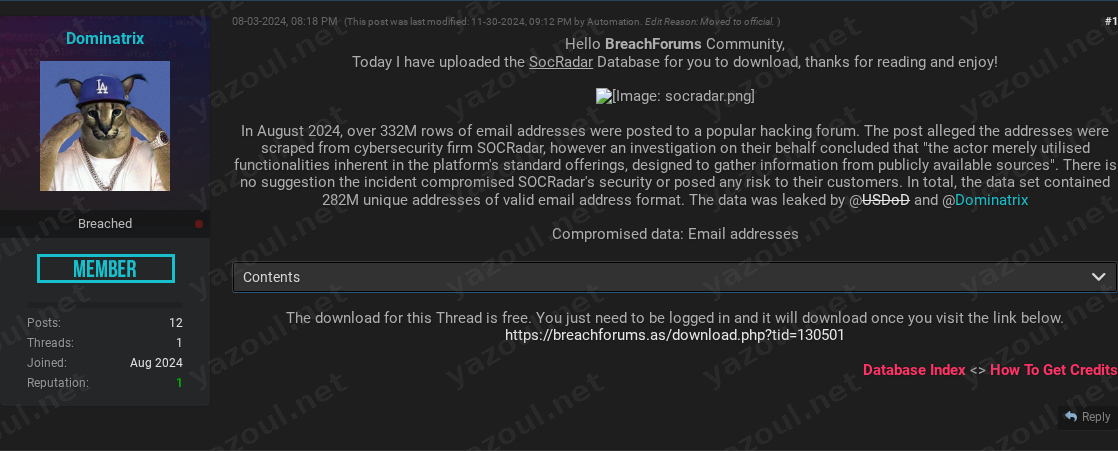 Leak site post claiming SocRadar data breach