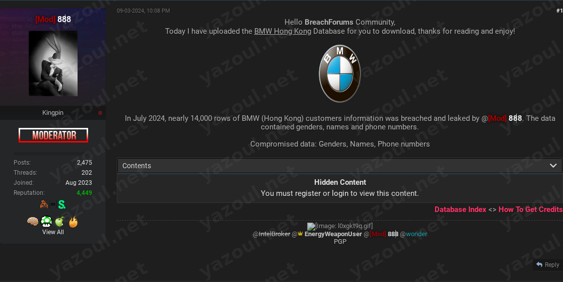 Leak site post claiming BMW Hong Kong data breach
