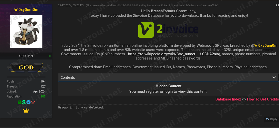 Leak site post claiming 2invoice data breach