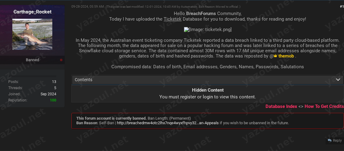 Leak site post claiming Ticketek data breach